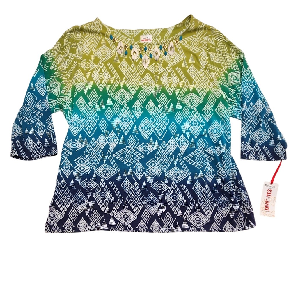 Ruby Rd Favorites Embellished Ombre Geometric Top Green Blue Boho Womens 2X NWT
